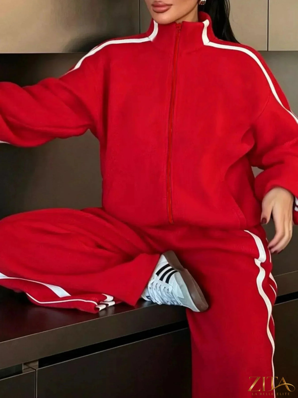 Zita La Belle Elite side stripes zip-up top and matching pants set, featuring sporty design and color-blocked side stripes.