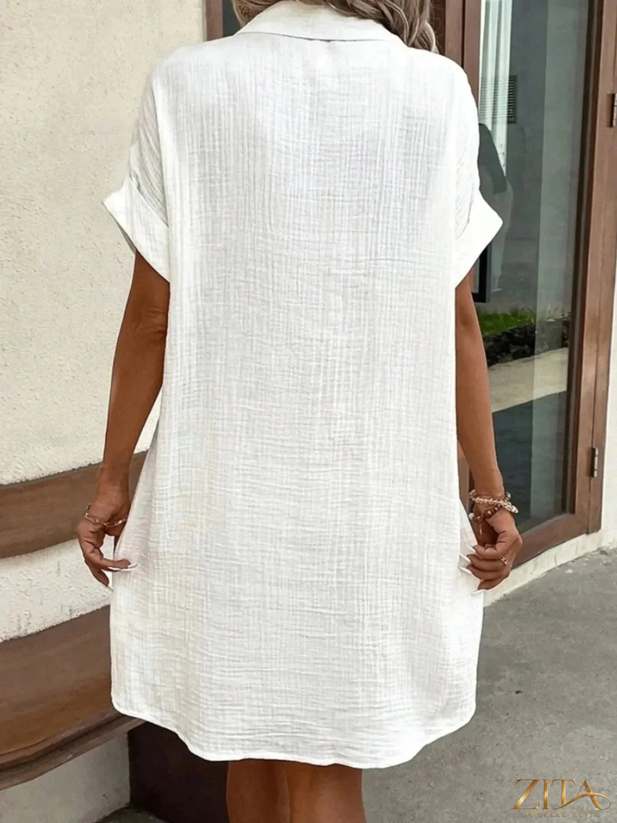 Zita La Belle Elite casual button-down shirt dress with pockets, shown in a relaxed fit, lightweight fabric, and classic collar design.