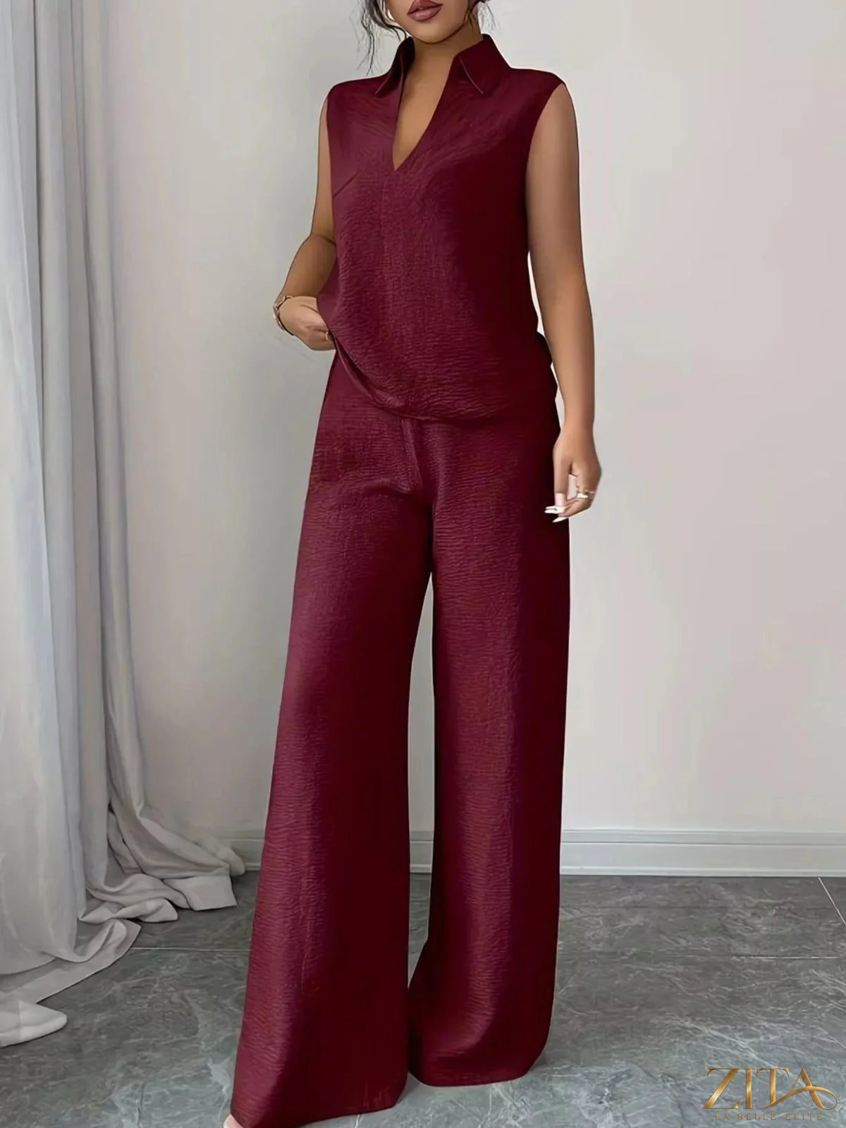 Zita La Belle Elite sleeveless top and wide-leg pants set, stylish and comfortable outfit for casual wear, shown on a model.