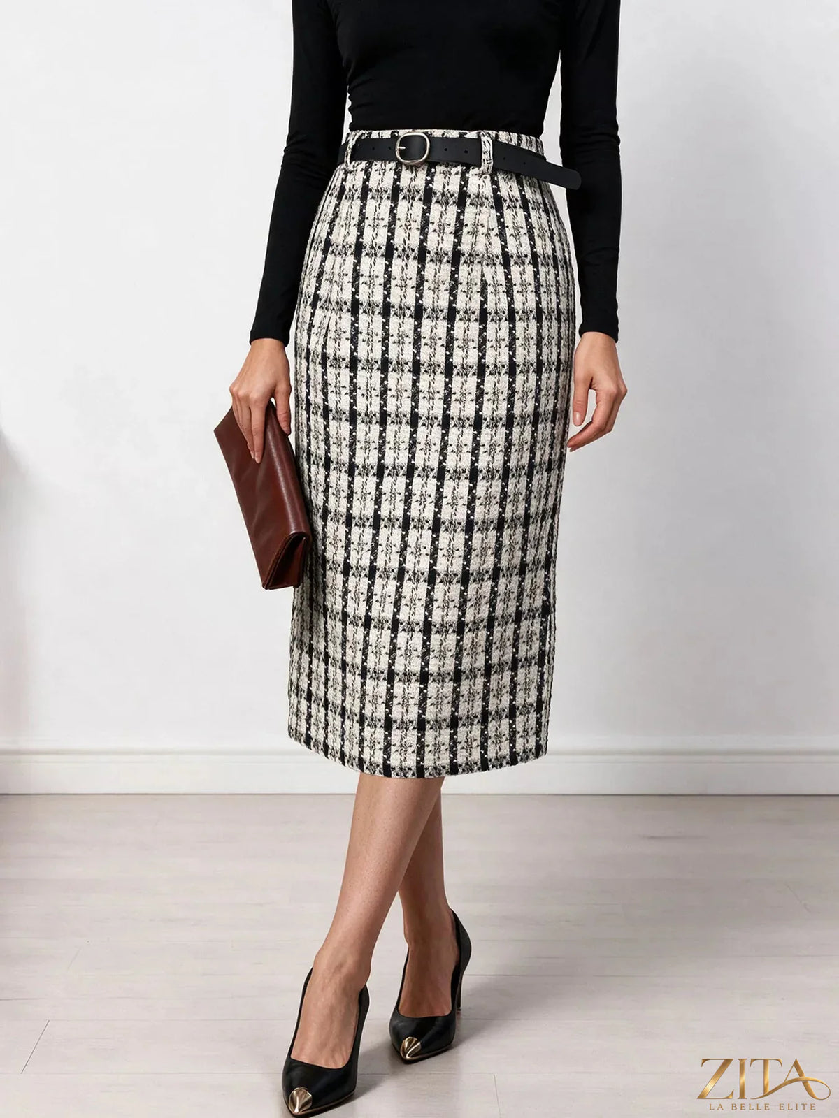 High-waisted tweed plaid midi skirt by Zita La Belle Elite, featuring a classic pattern and tailored fit, shown on a neutral background.
