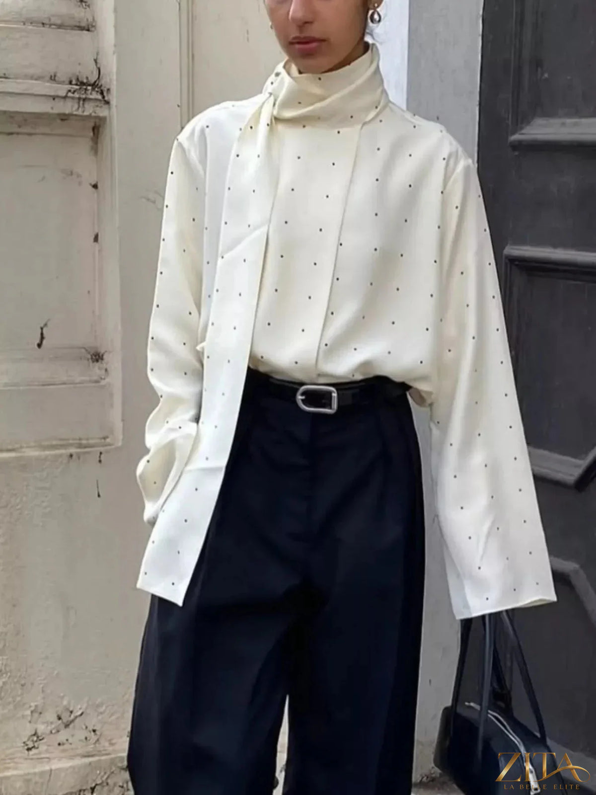 Polka dot silk blouse with scarf neck tie from Zita La Belle Elite, featuring a stylish and elegant design.