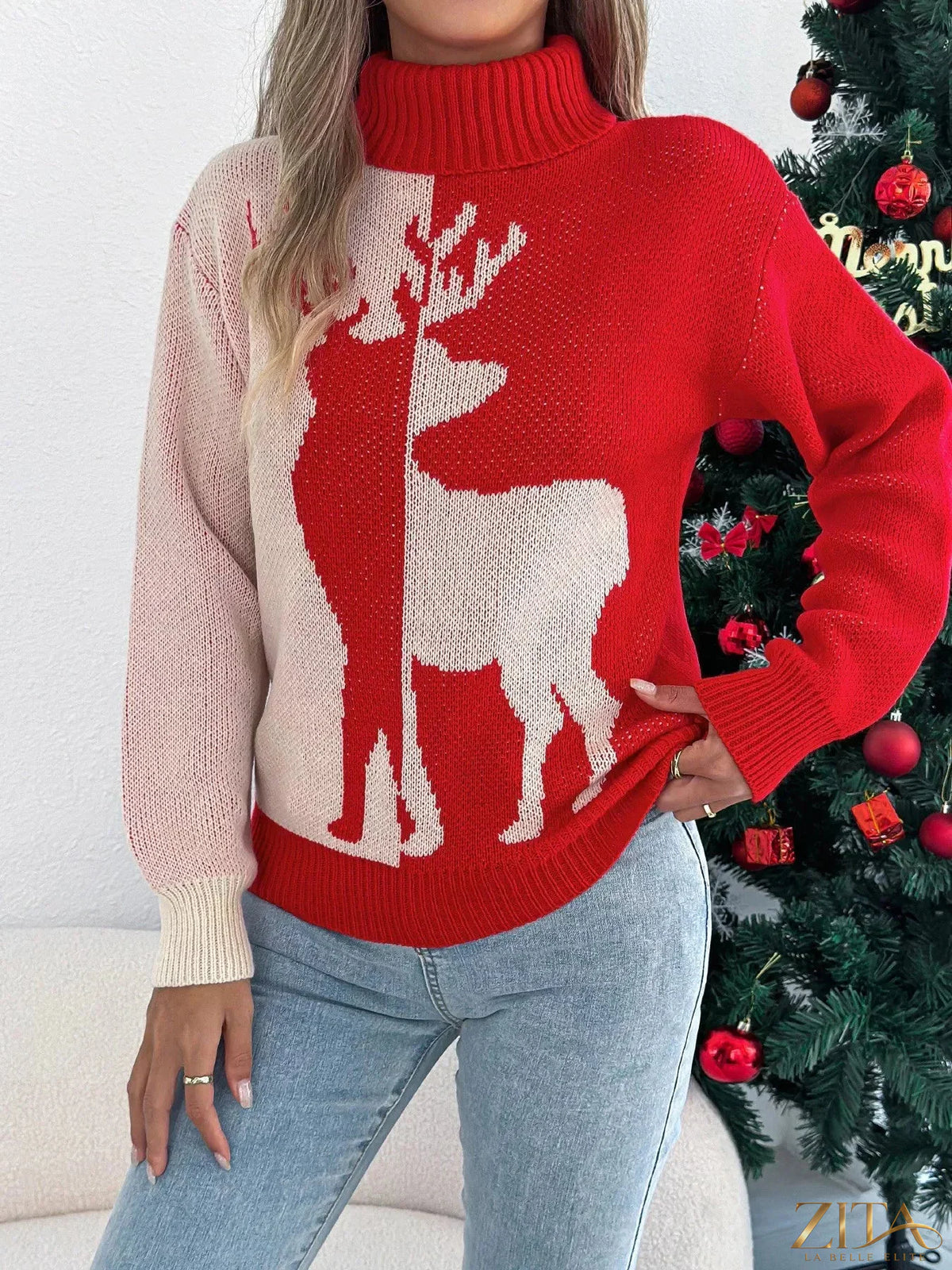 Red Christmas reindeer turtleneck sweater from Trendsi featuring festive holiday reindeer design and cozy knit fabric.