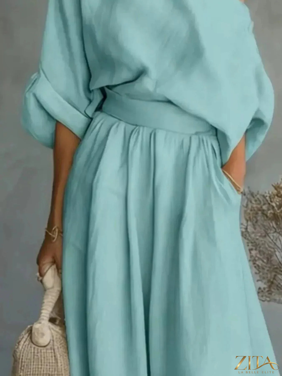 Plus size Zita La Belle Elite one-shoulder top and wide-leg pants set, stylish and comfortable for casual wear.