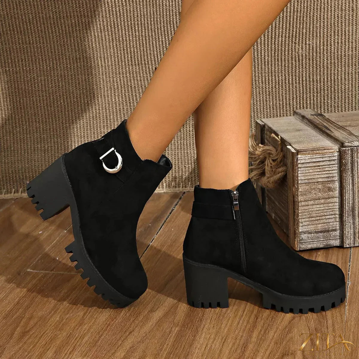 Zita La Belle Elite round toe block heel boots in black leather with chunky heel and stylish design.