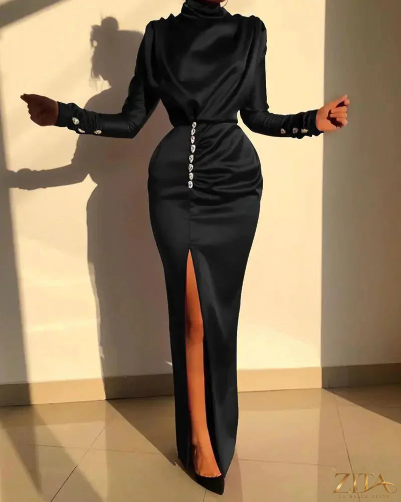 Zita La Belle Elite women's long sleeve high waist split evening dress, elegant and sexy fashion for women.