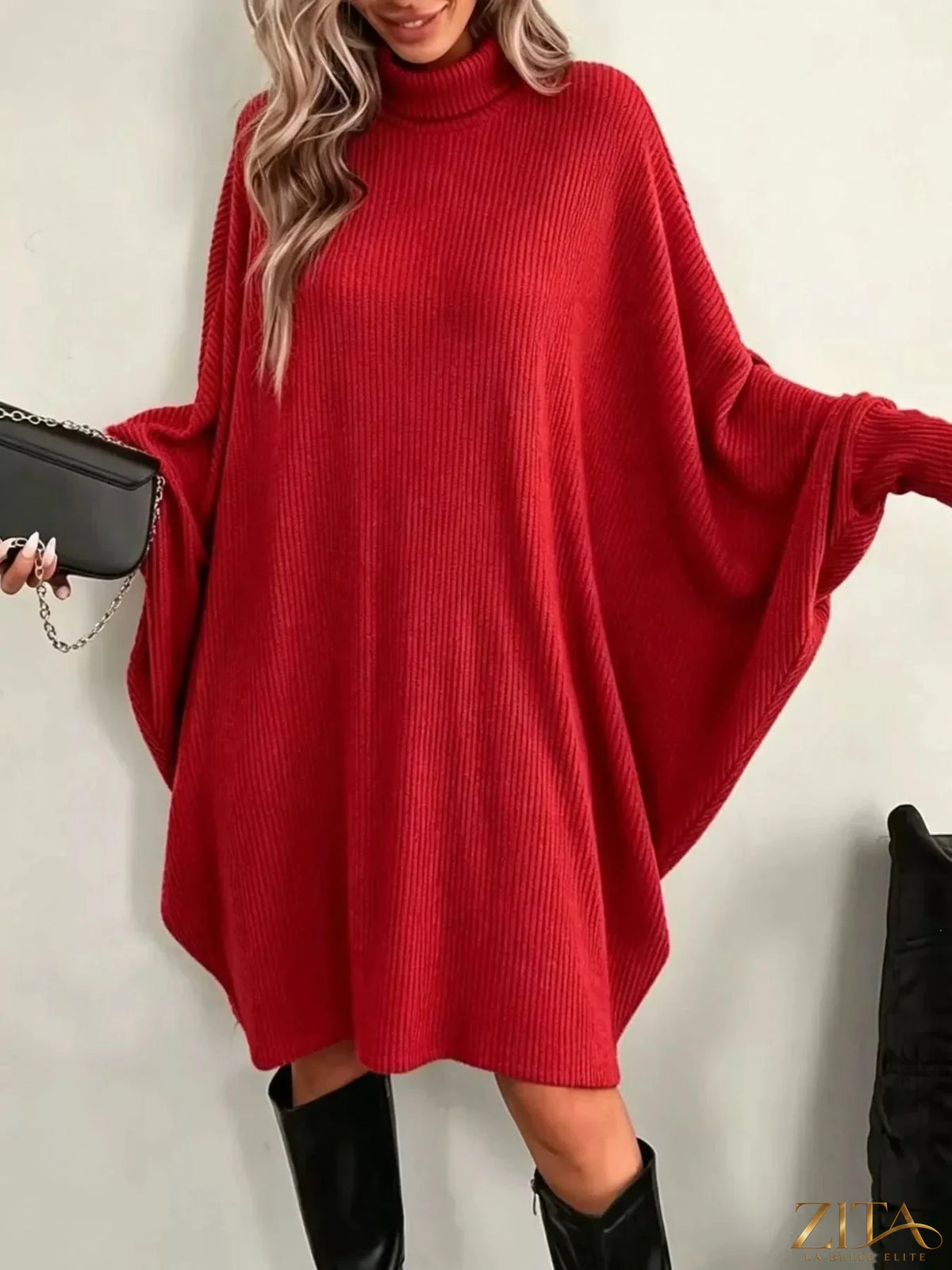 Zita La Belle Elite oversized batwing sleeve ribbed knit turtleneck dress, black, relaxed fit, cozy and stylish winter fashion ensemble.