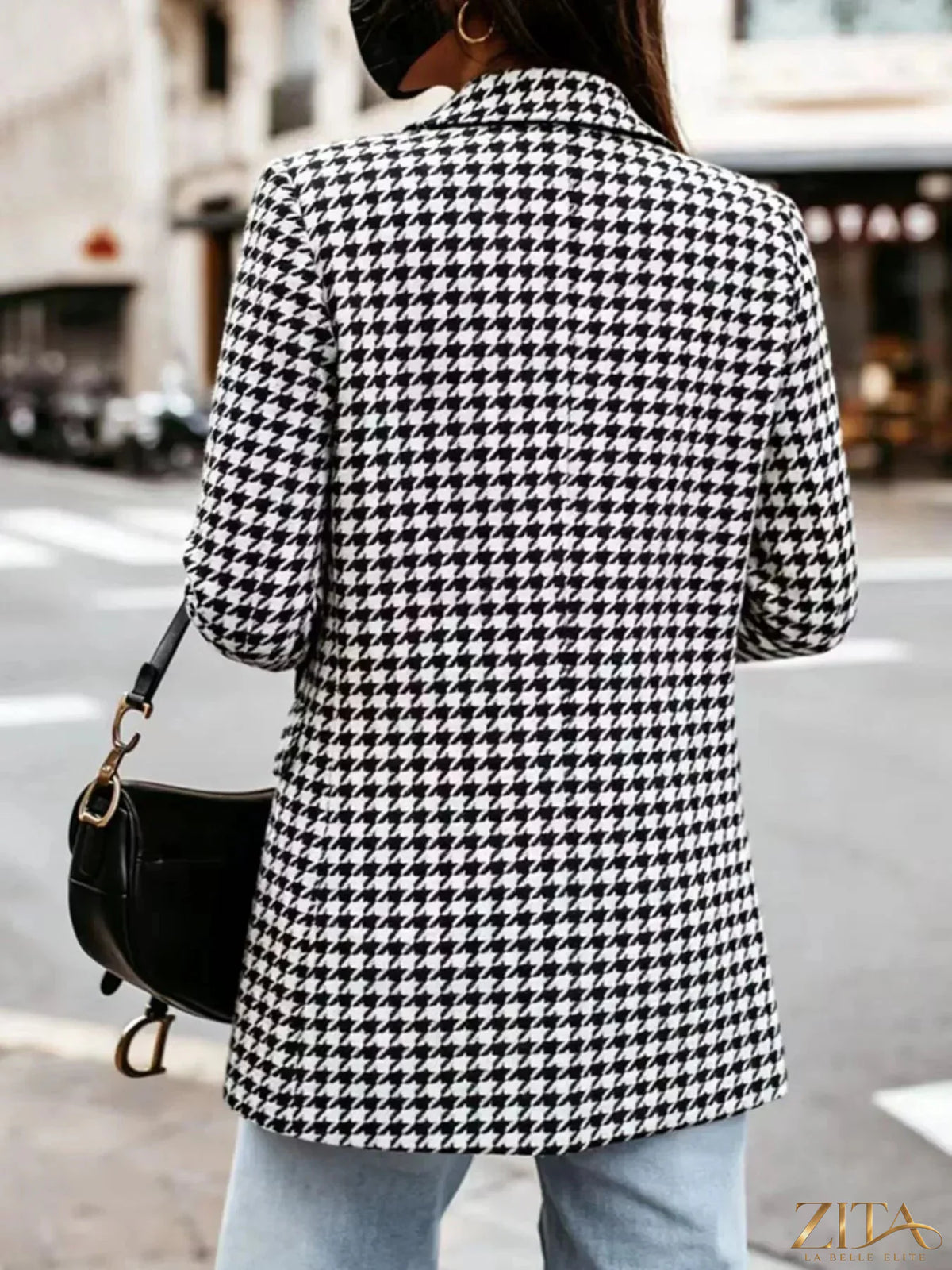 Zita La Belle Elite classic houndstooth double-breasted blazer in black and white fabric, tailored for a sophisticated look.