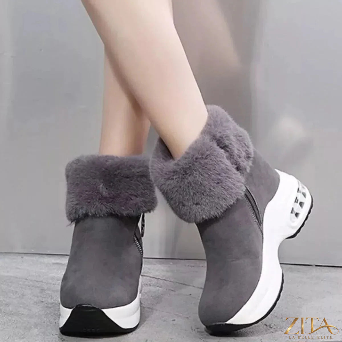 Zita La Belle Elite fuzzy side zipper platform ankle boots with chunky heel and black faux fur detail.