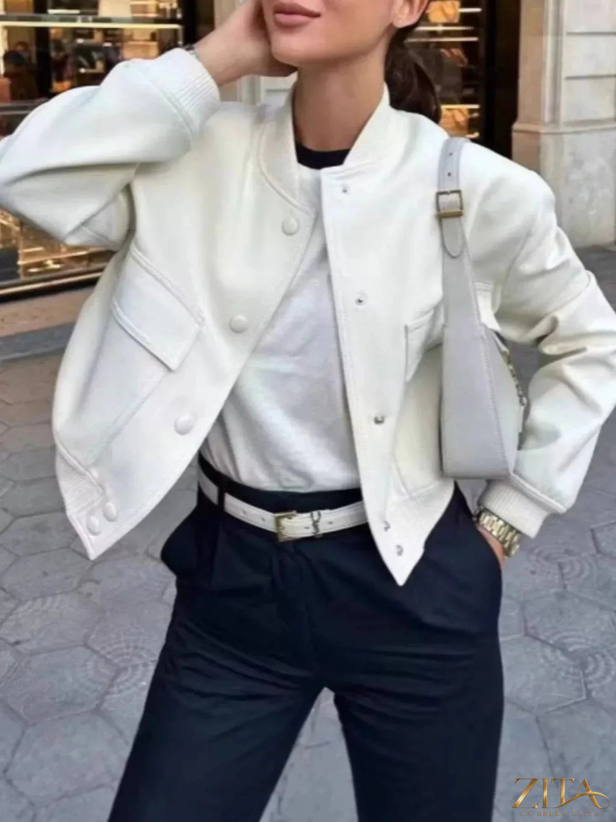 Zita La Belle Elite snap-down cropped bomber jacket with ribbed cuffs and collar, stylish and versatile outerwear for women.