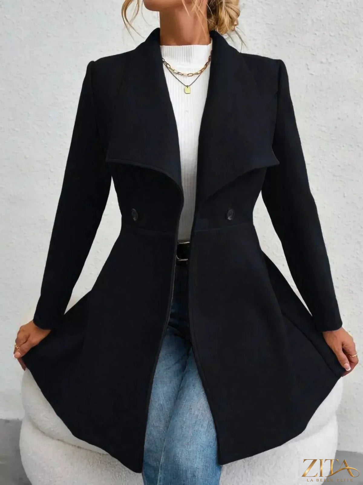 Zita La Belle Elite double-breasted wool blend coat in classic style, shown in dark gray with large lapels and button details.