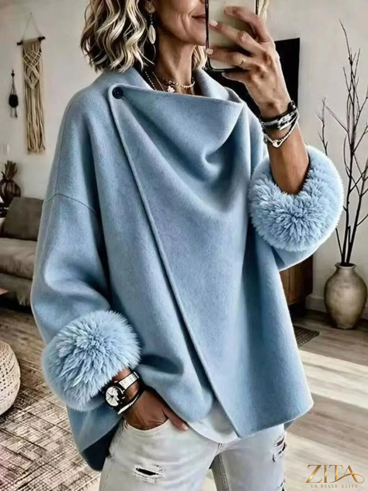 Plus size elegant asymmetric faux fur cuff outerwear by Zita La Belle Elite, featuring a stylish full-size design and luxurious fur details.