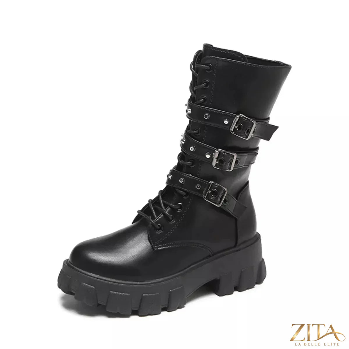 Trendsi buckled lace-up combat boots with chunky soles and metal eyelets, styled with casual clothing.