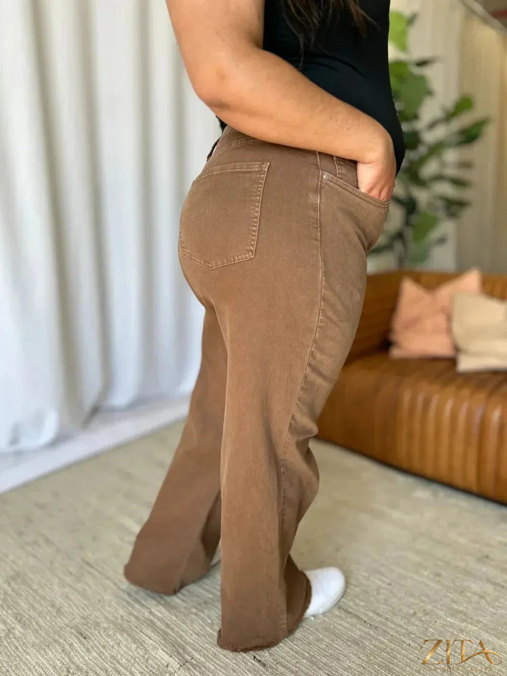 Zita La Belle Elite RFM full size high-rise garment dye wide-leg jeans, showing the deep indigo color and relaxed fit.