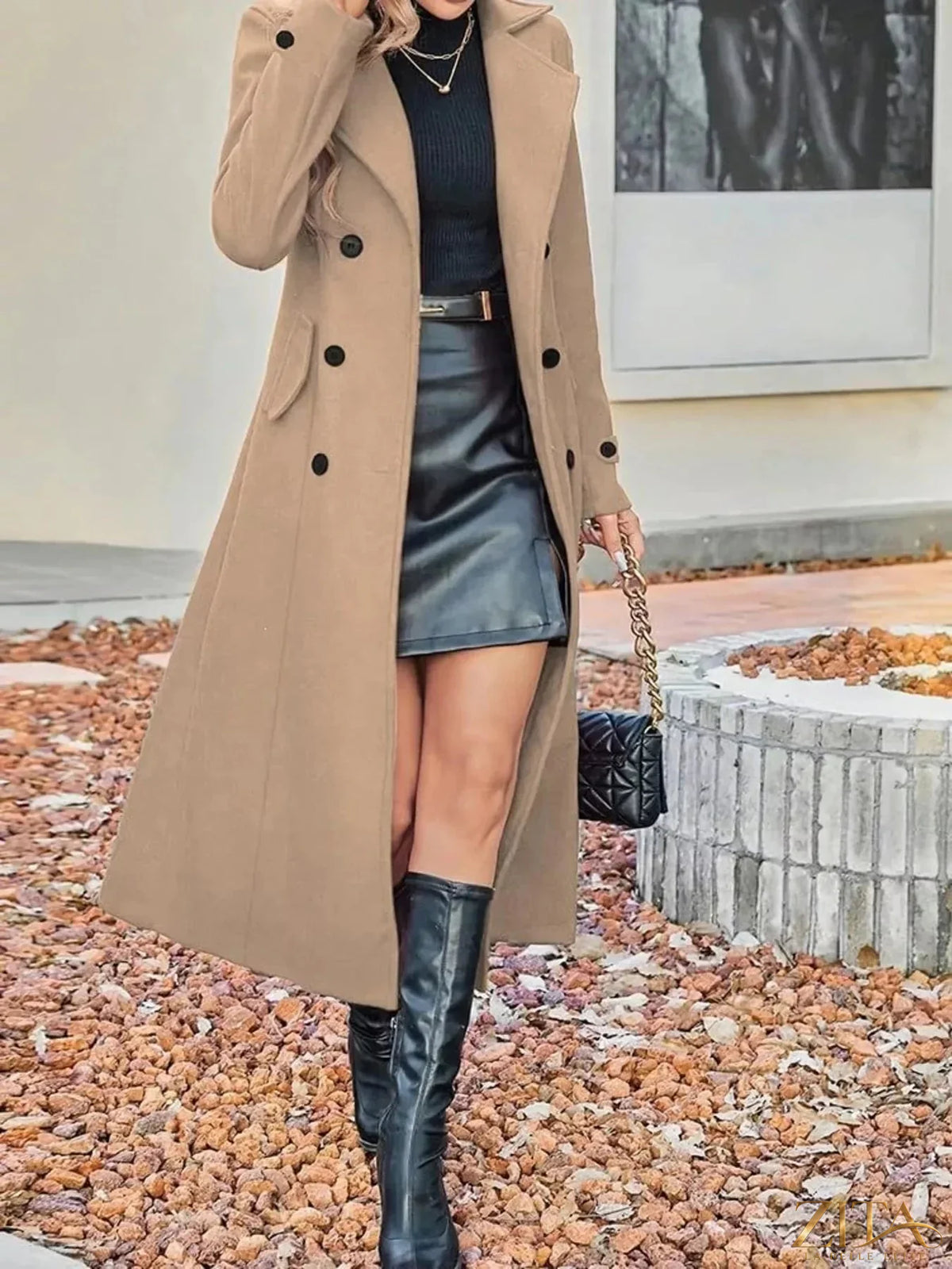 Plus size Zita La Belle Elite longline double-breasted trench coat with a full-length design and stylish lapels.