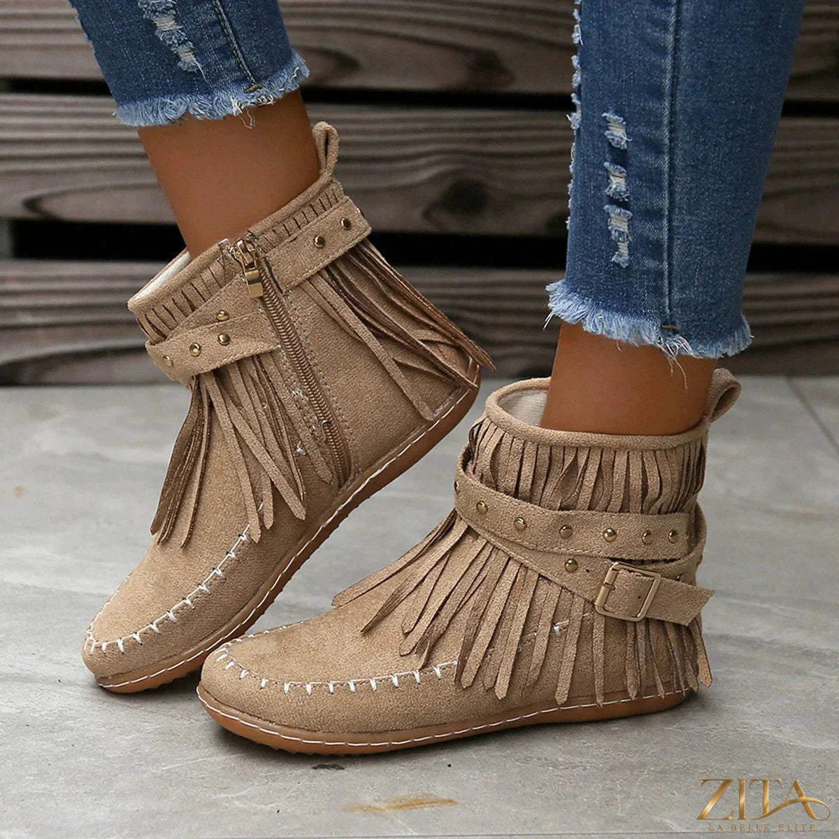 Zita La Belle Elite fringe studded suede flat boots with tassel details and ankle height, stylish footwear for casual wear.