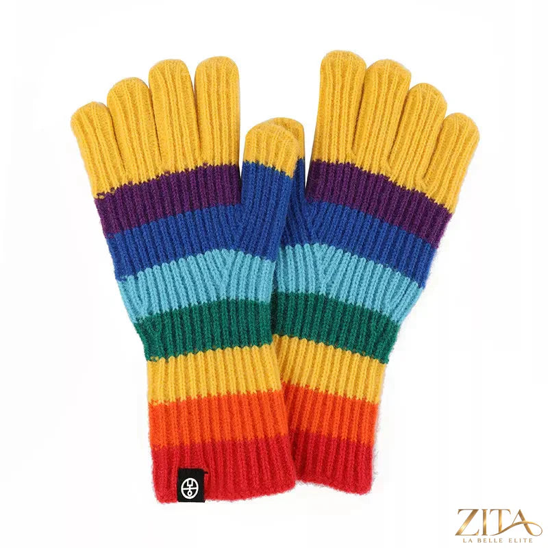Rainbow striped knitted gloves by Zita La Belle Elite featuring colorful, cozy, and soft knit fabric perfect for cold weather.