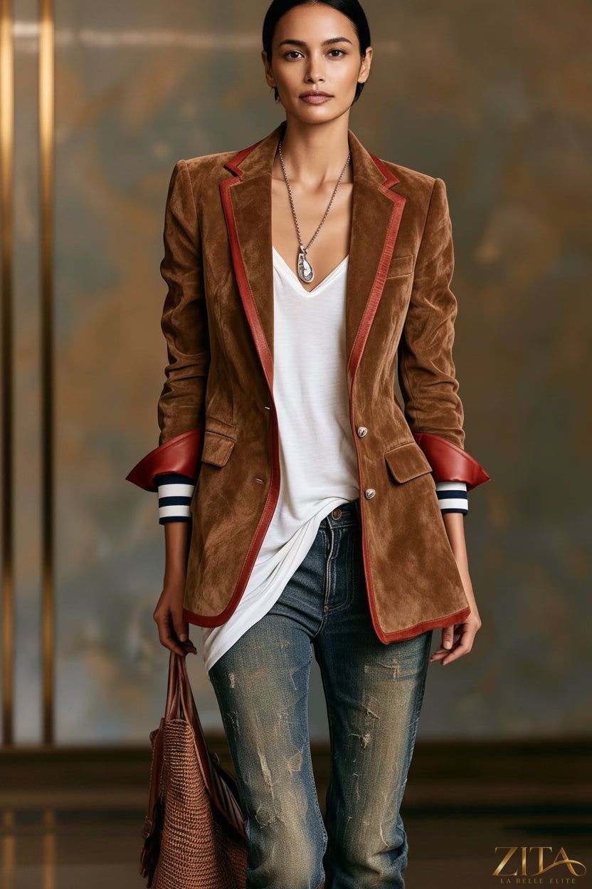 Zita La Belle Elite suede color-block blazer with contrast trim, stylish coat featuring mixed fabric panels and tailored fit.