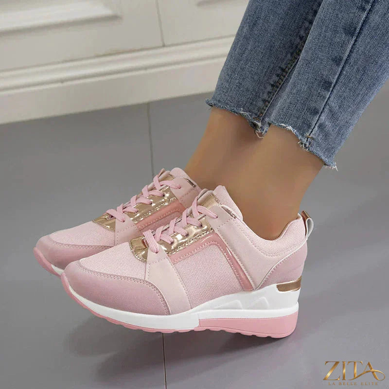 Zita La Belle Elite lace-up wedge sneakers with white and beige design, featuring a chunky sole and stylish casual footwear.