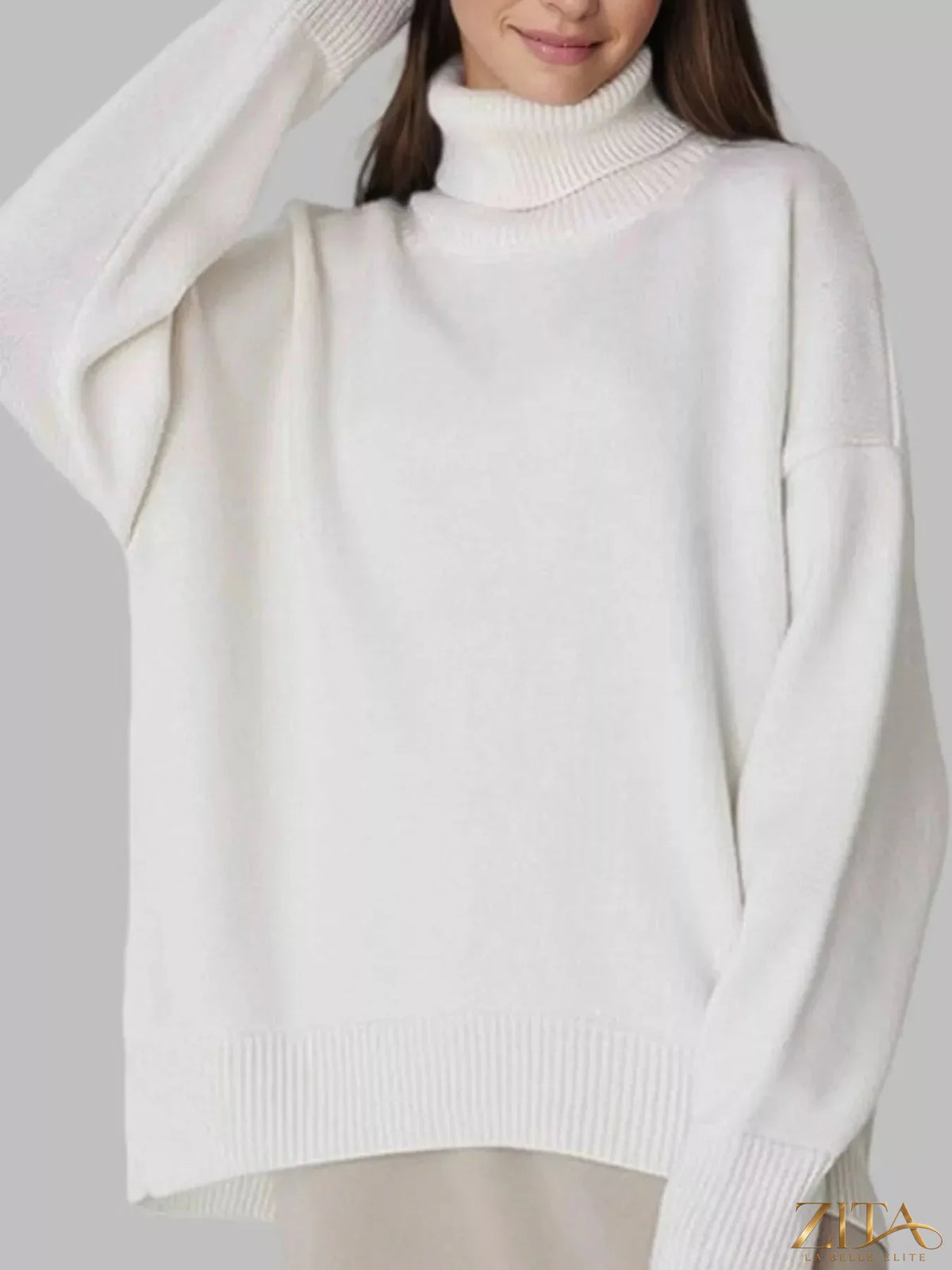 Zita La Belle Elite turtleneck dropped shoulder sweater in soft knit fabric, featuring a relaxed fit and stylish design.