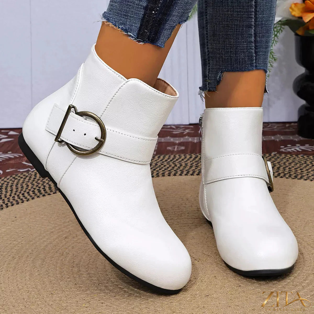 Trendsi round toe ankle boots in black leather with a low heel, stylish and versatile footwear for casual or dressier outfits.