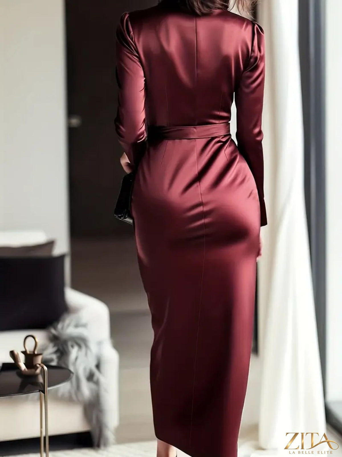 Satin tie waist long sleeve dress by Trendsi featuring a sleek, elegant design with a fitted silhouette and flattering neckline.
