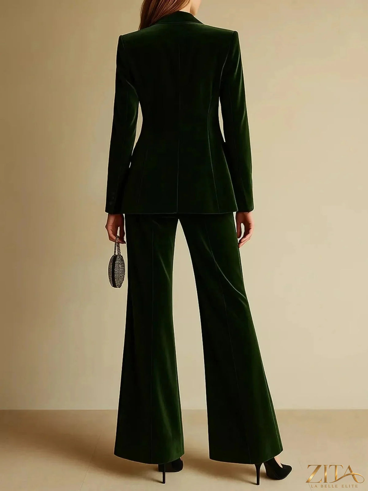 Velvet blazer and wide-leg pants set by Zita La Belle Elite displayed on a model, showcasing luxurious fabric and stylish fit.