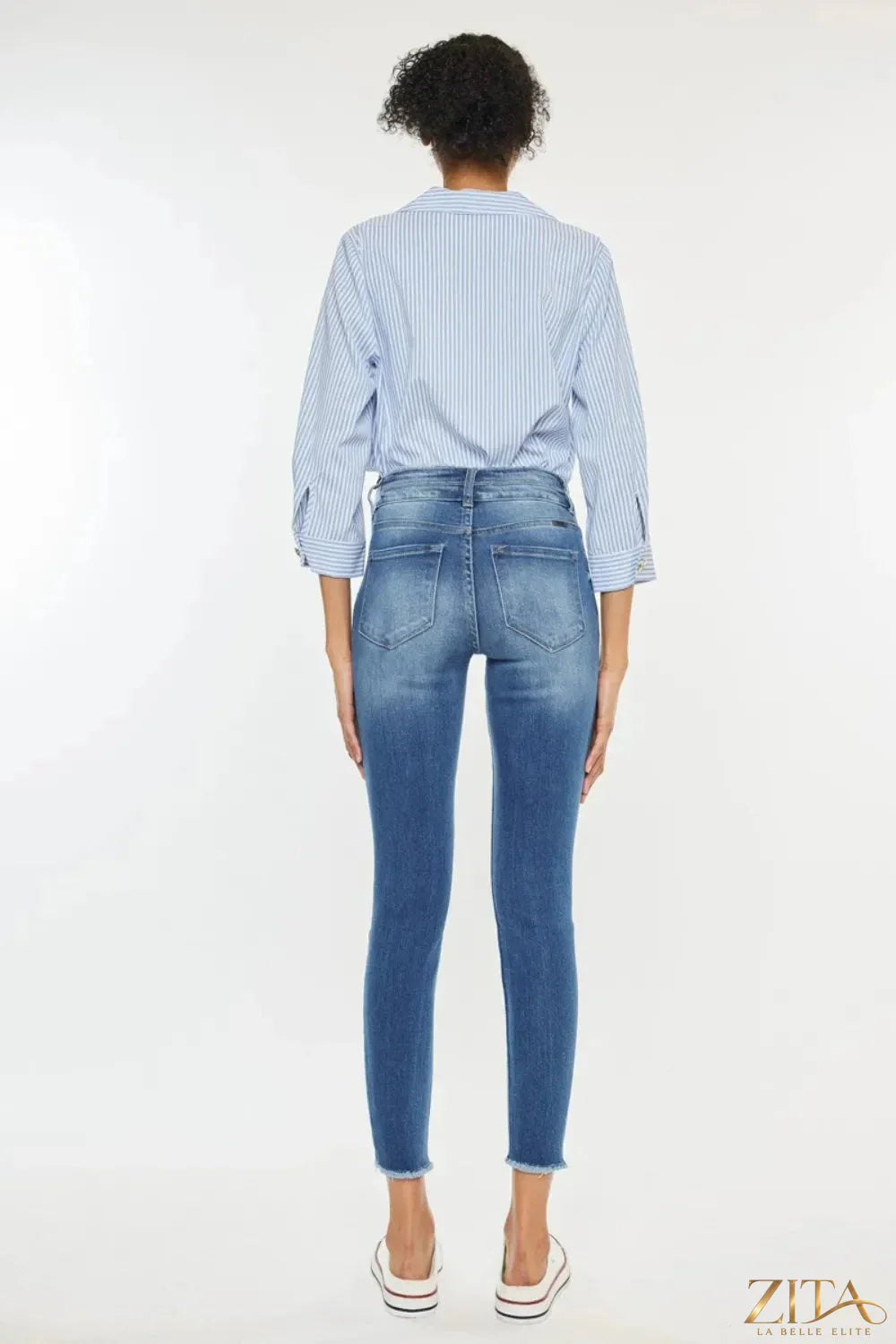 Zita La Belle Elite Kancan distressed raw hem high waist jeans displayed on a model, showcasing a trendy, casual denim style.