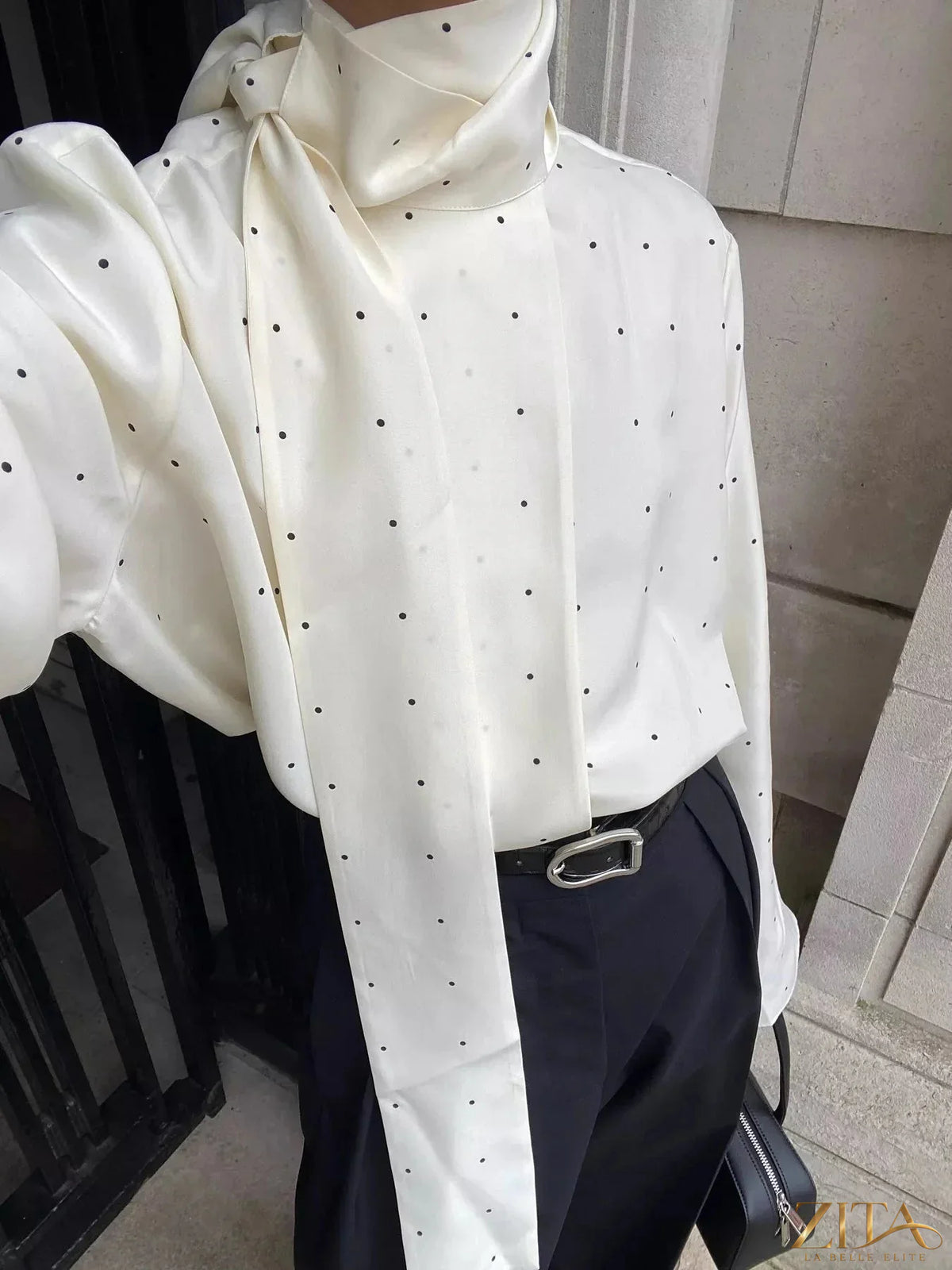 Polka dot silk blouse with scarf neck tie from Zita La Belle Elite, featuring a stylish and elegant design.