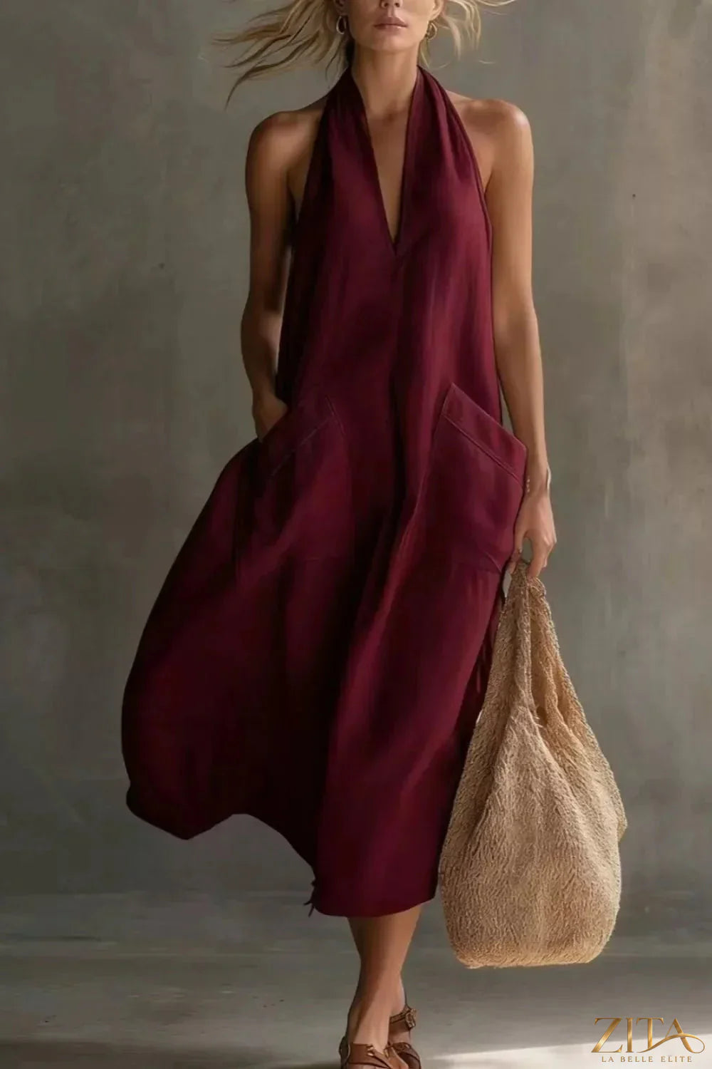 Zita La Belle Elite casual halter neck midi dress with pockets, featuring a relaxed fit and stylish design.