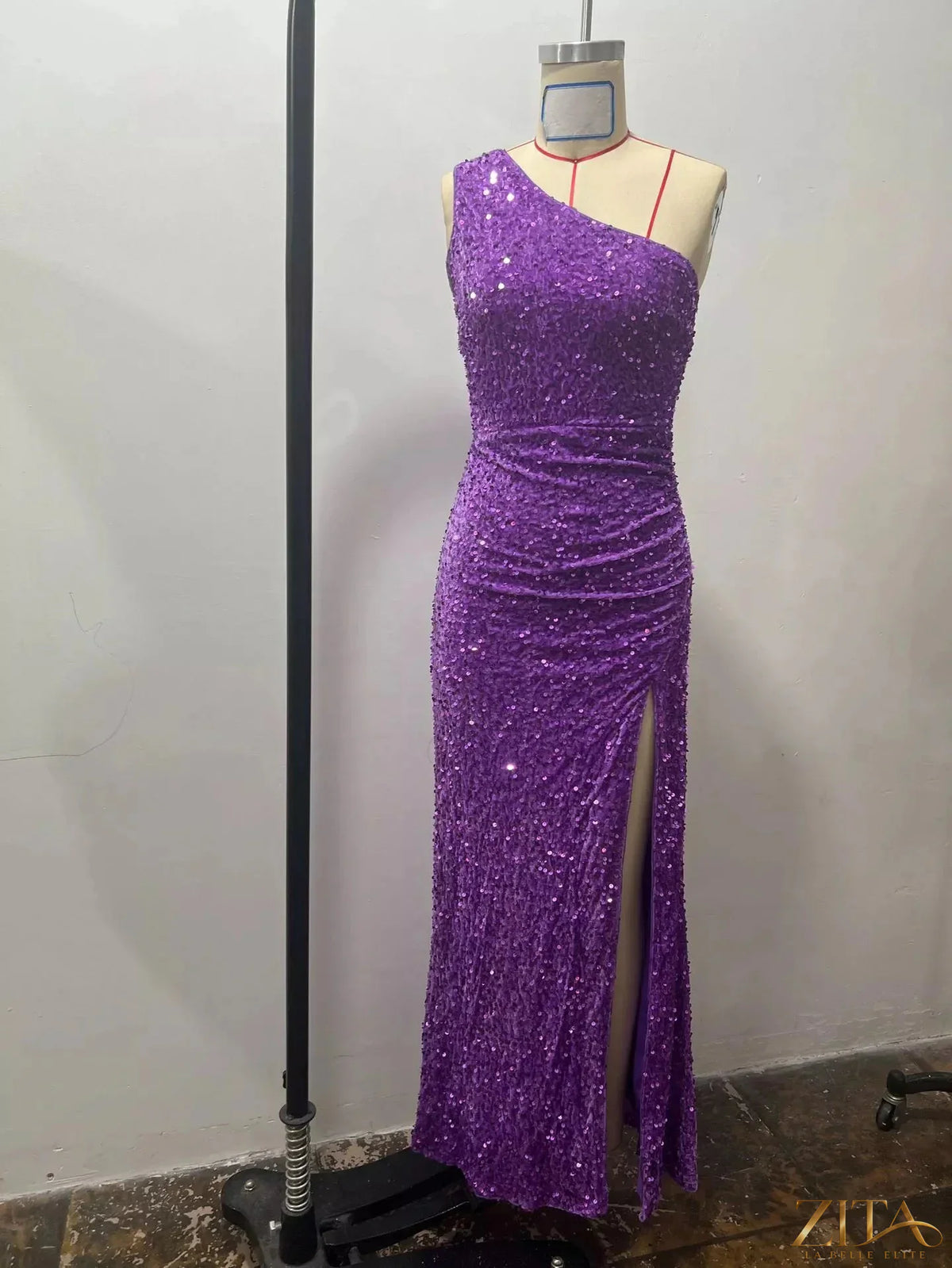 Zita La Belle Elite one-shoulder ruched sequin evening dress with high slit and elegant design, perfect for formal events