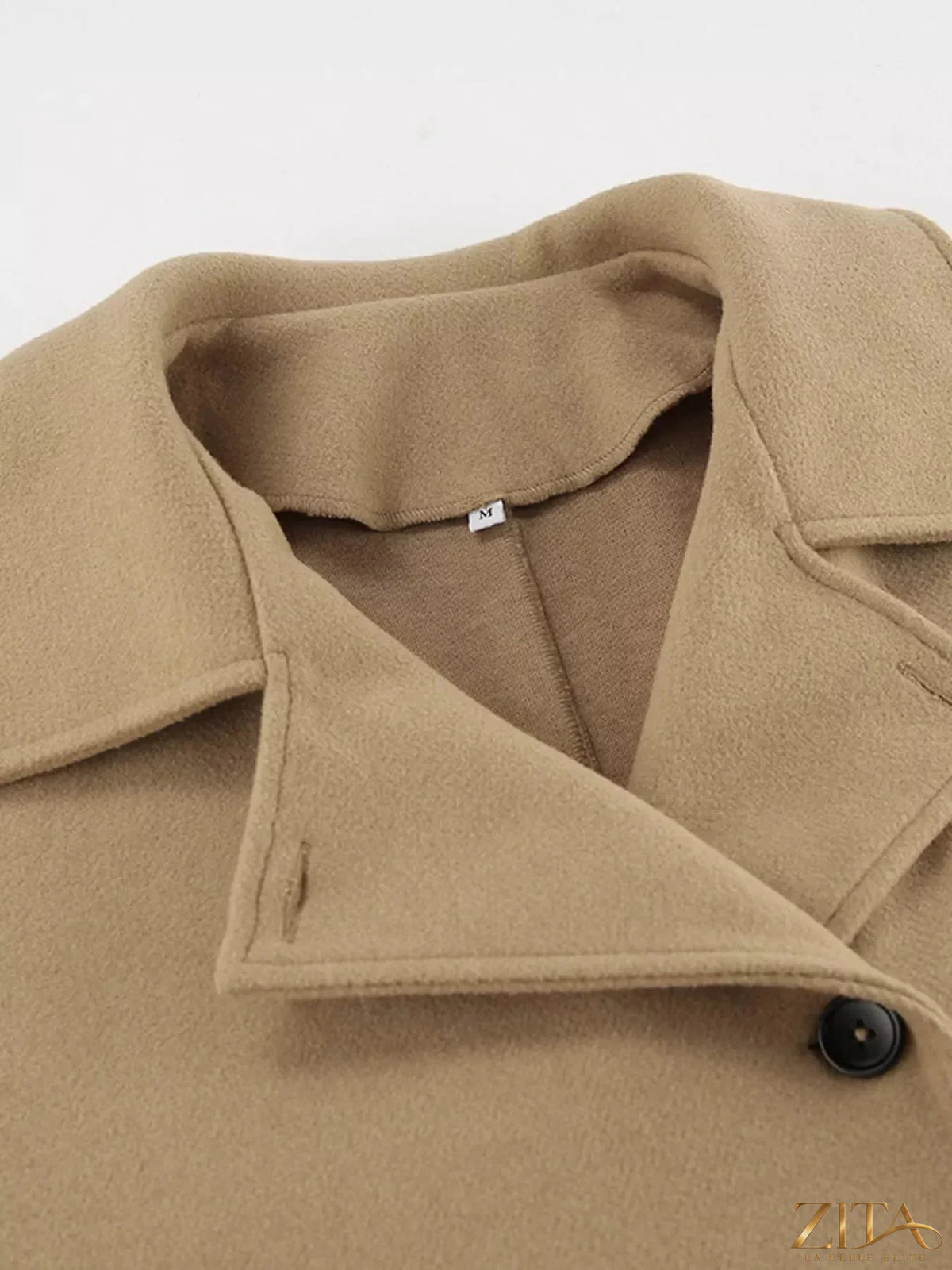 Zita La Belle Elite oversized lapel collar button-down coat in neutral fabric, stylish and warm outerwear for cold weather.