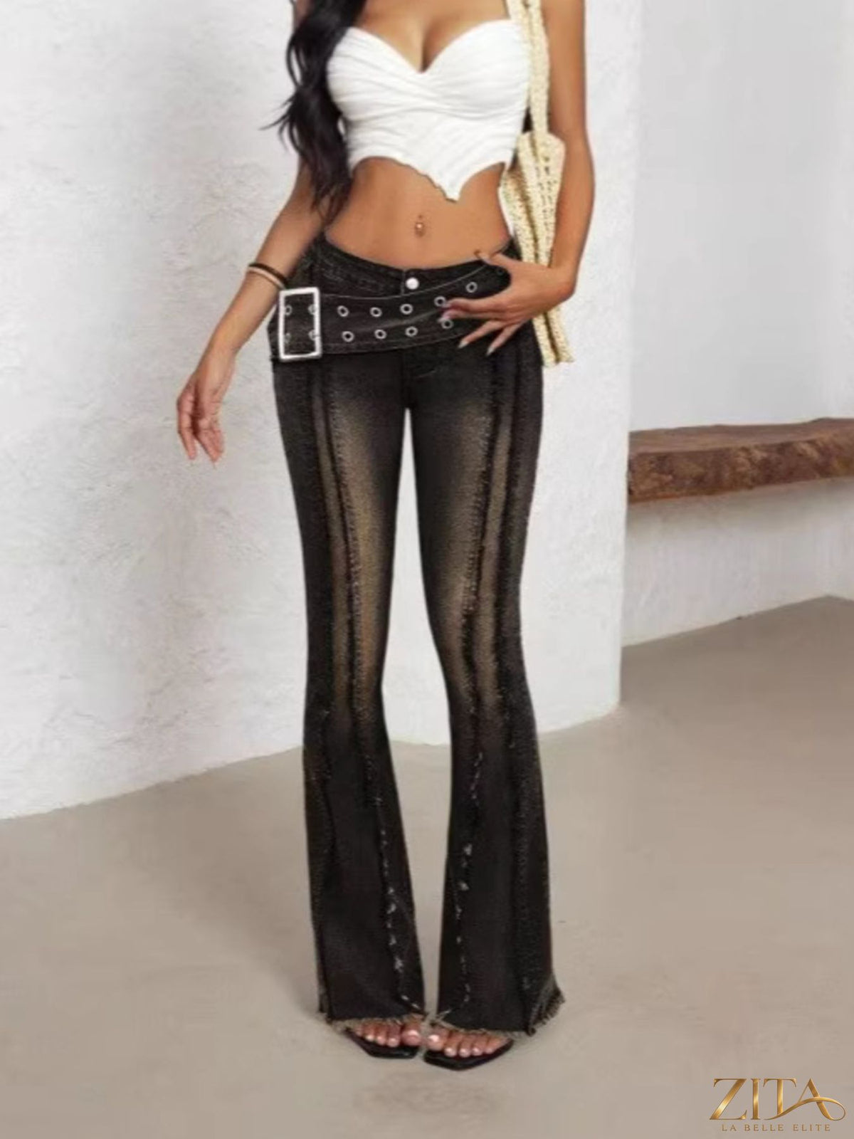 Zita La Belle Elite belted high waist flare jeans with wide leg and stylish fit, shown on a model against a neutral background.