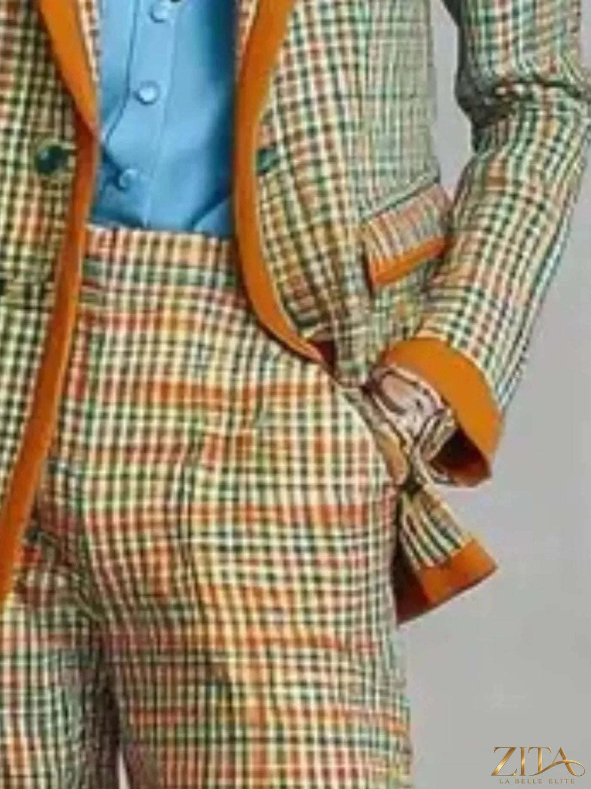 Zita La Belle Elite plaid blazer and pants suit set, stylish tailored jacket with matching trousers, perfect for professional or casual wear.
