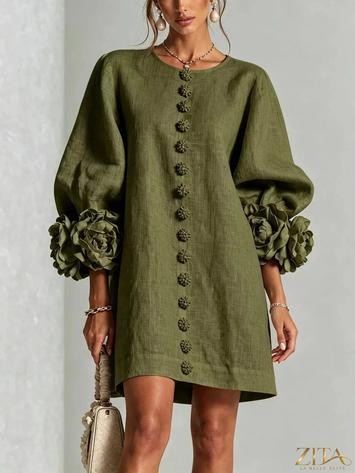 Plus size Zita La Belle Elite 3D floral round neck mini dress with a full-size fit and vibrant floral pattern.