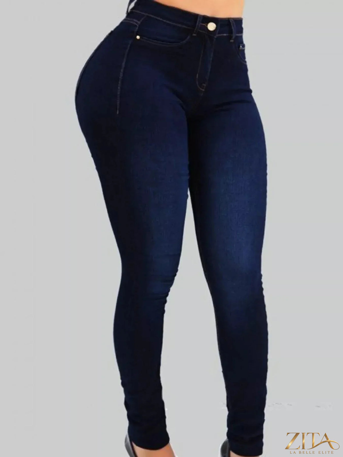Zita La Belle Elite high-waisted sculpting skinny jeans in dark denim, showing a close-up of the fit and stitching details.