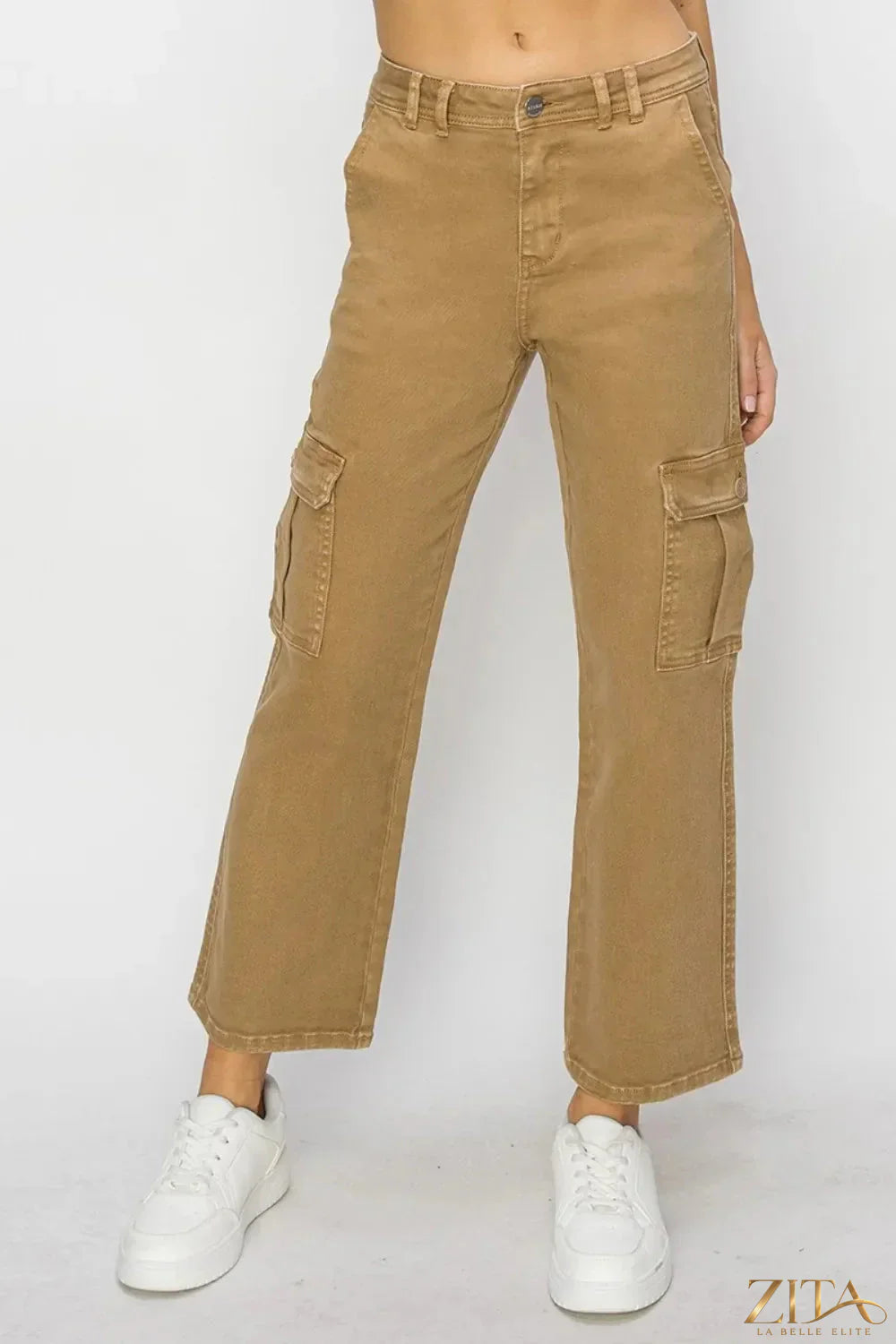Zita La Belle Elite Risen full size high-rise cargo jeans with multiple pockets and a relaxed fit, displayed on a hanger.