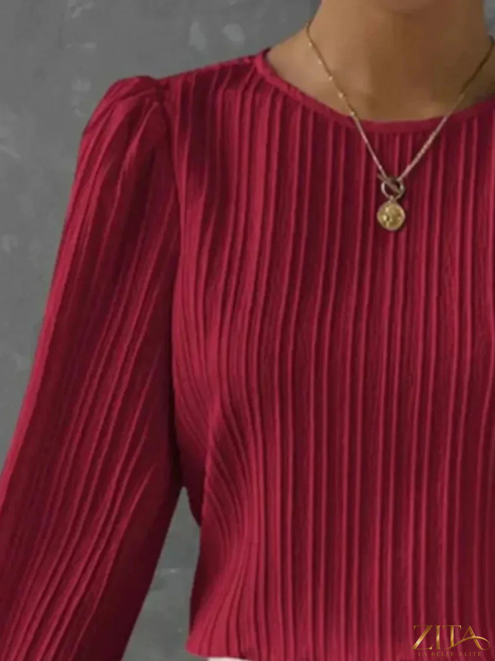 Zita La Belle Elite round neck long sleeve blouse in soft fabric, shown in a close-up view highlighting the neckline and sleeve details.