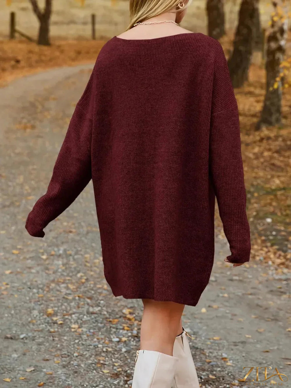 Zita La Belle Elite V-neck dropped shoulder sweater dress, cozy knit, in a stylish and comfortable silhouette.