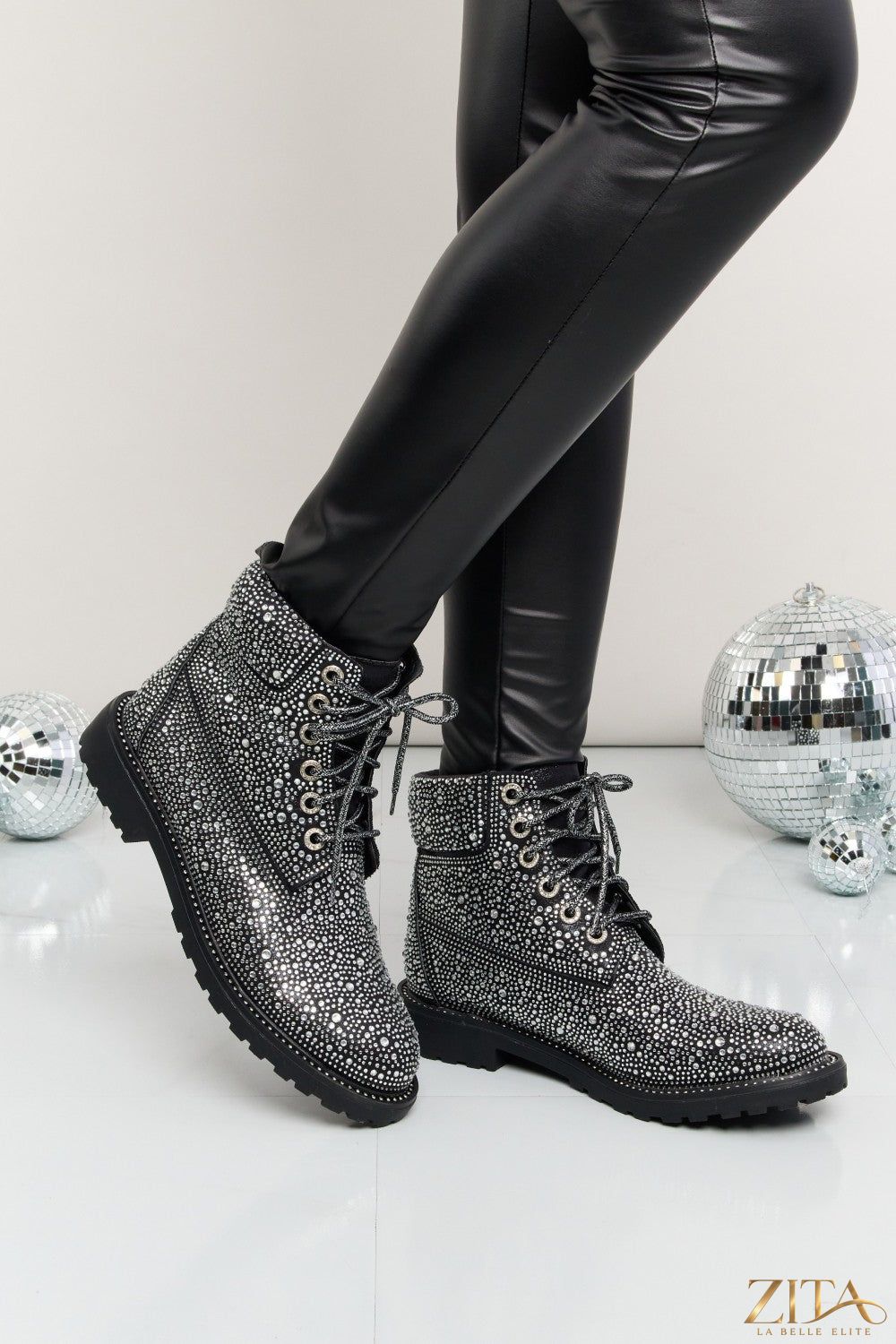 Zita La Belle Elite Forever Link rhinestone lace-up combat boots with metallic accents and chunky sole, stylish and edgy footwear.