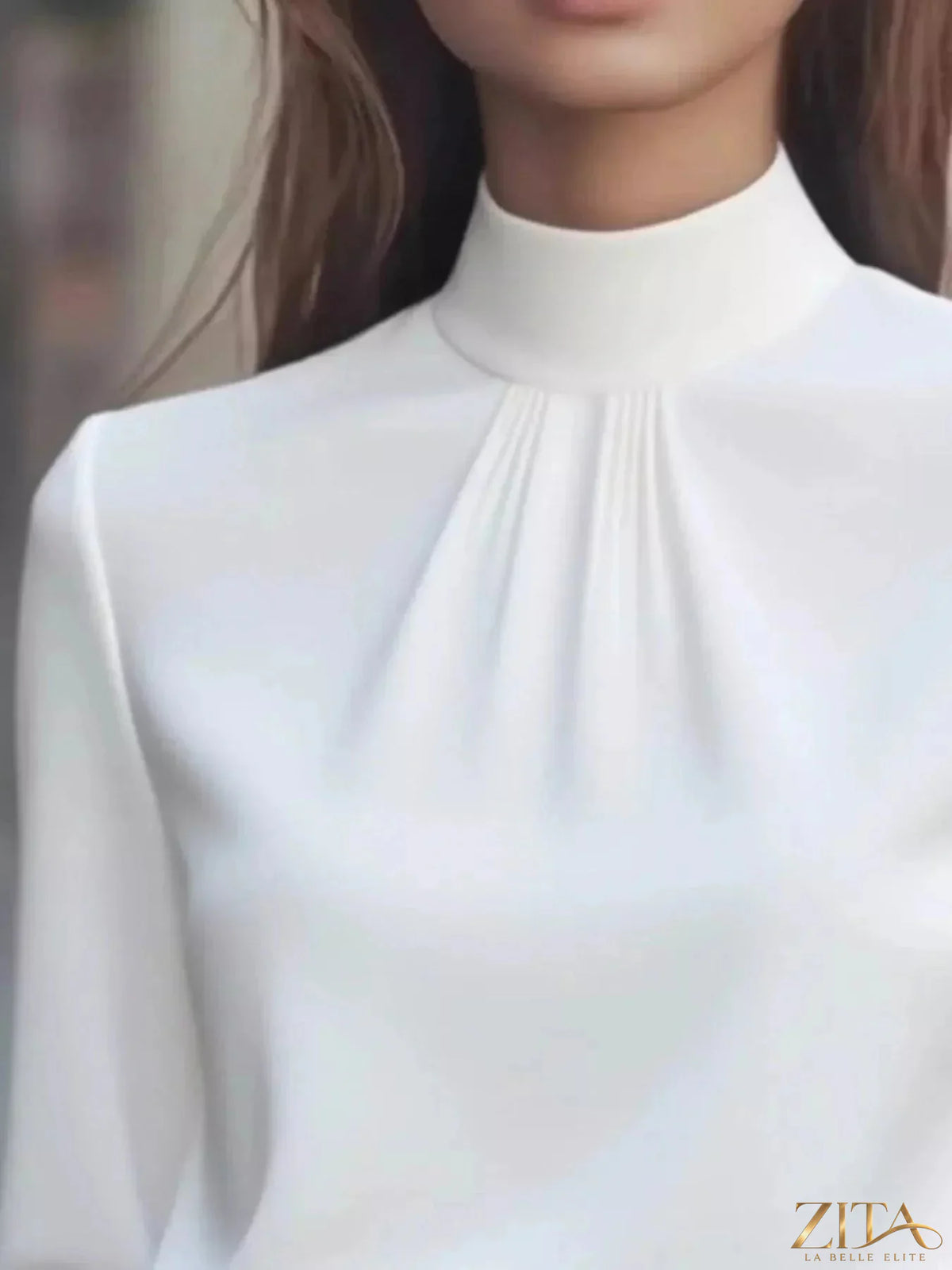 Zita La Belle Elite mock neck long sleeve blouse with pleated detail, cream-colored fabric, elegant and stylish for formal wear