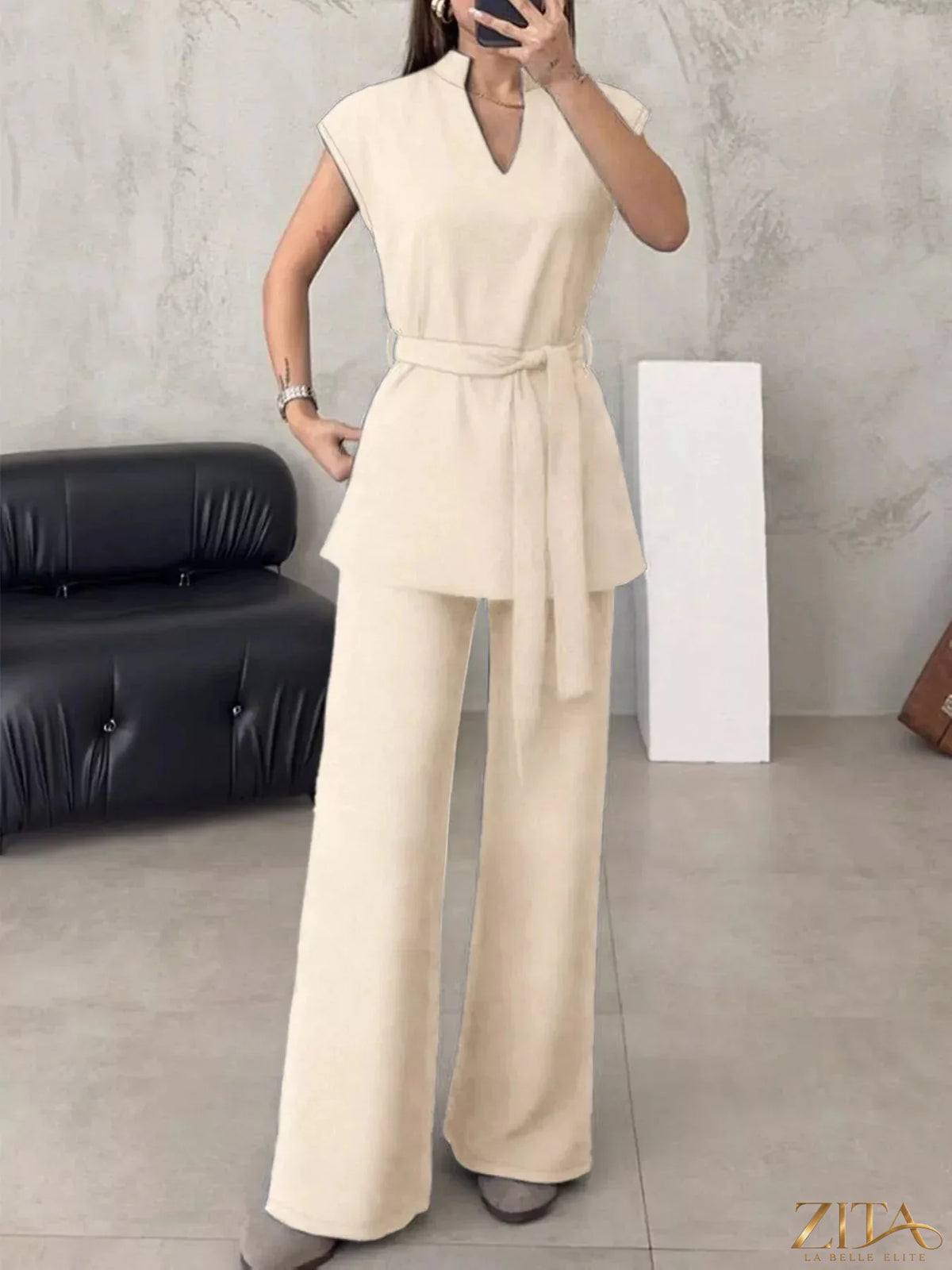 Zita La Belle Elite sleeveless top and wide-leg pants set, showcasing a stylish matching outfit with a flowy top and relaxed pants.