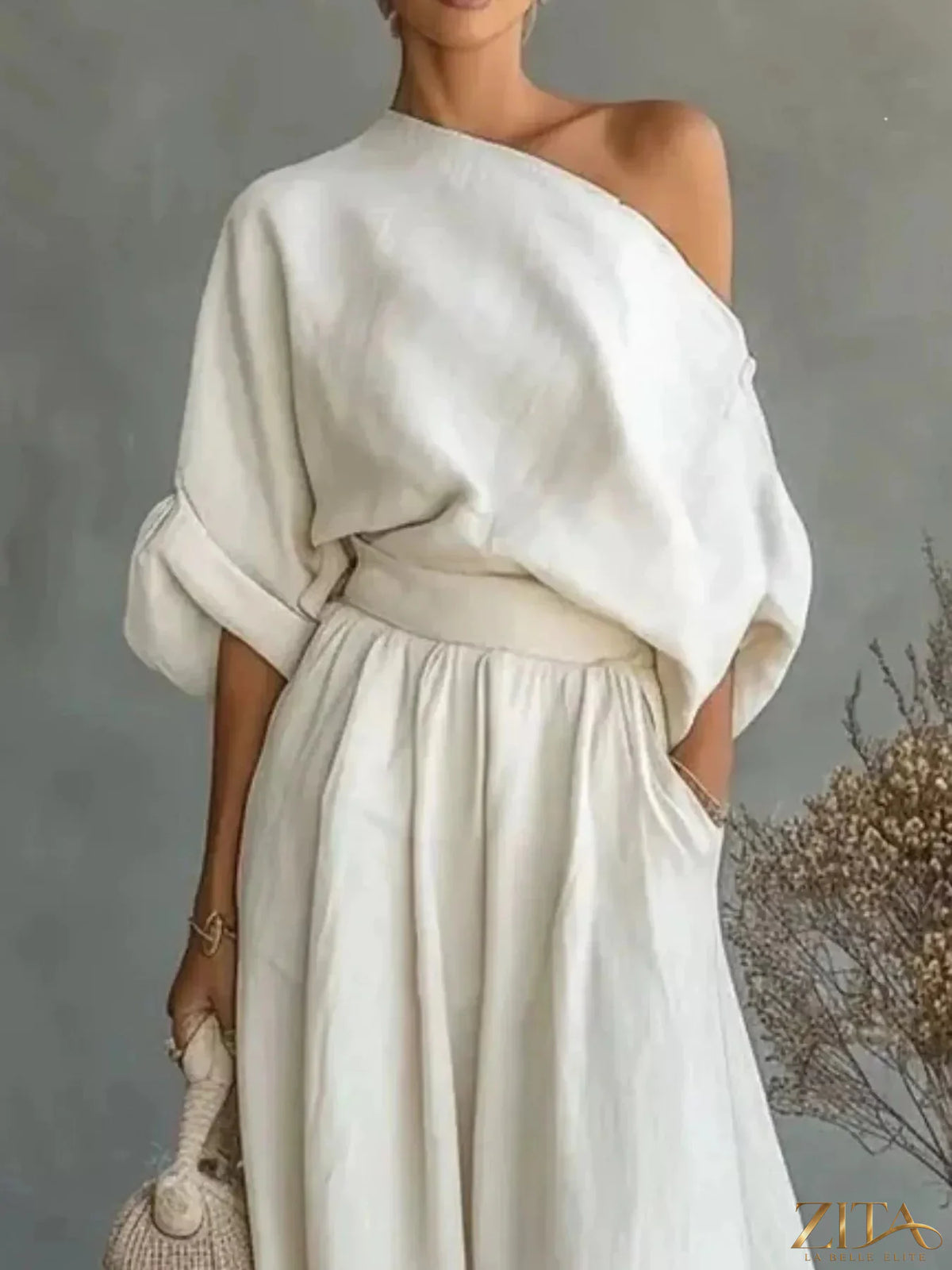Plus size Zita La Belle Elite one-shoulder top and wide-leg pants set, stylish and comfortable for casual or dressy wear.