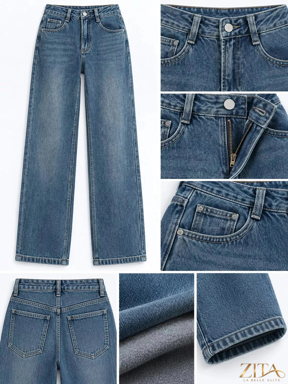 High-waisted vintage wash wide-leg jeans by Zita La Belle Elite displayed on a hanger against a neutral background.