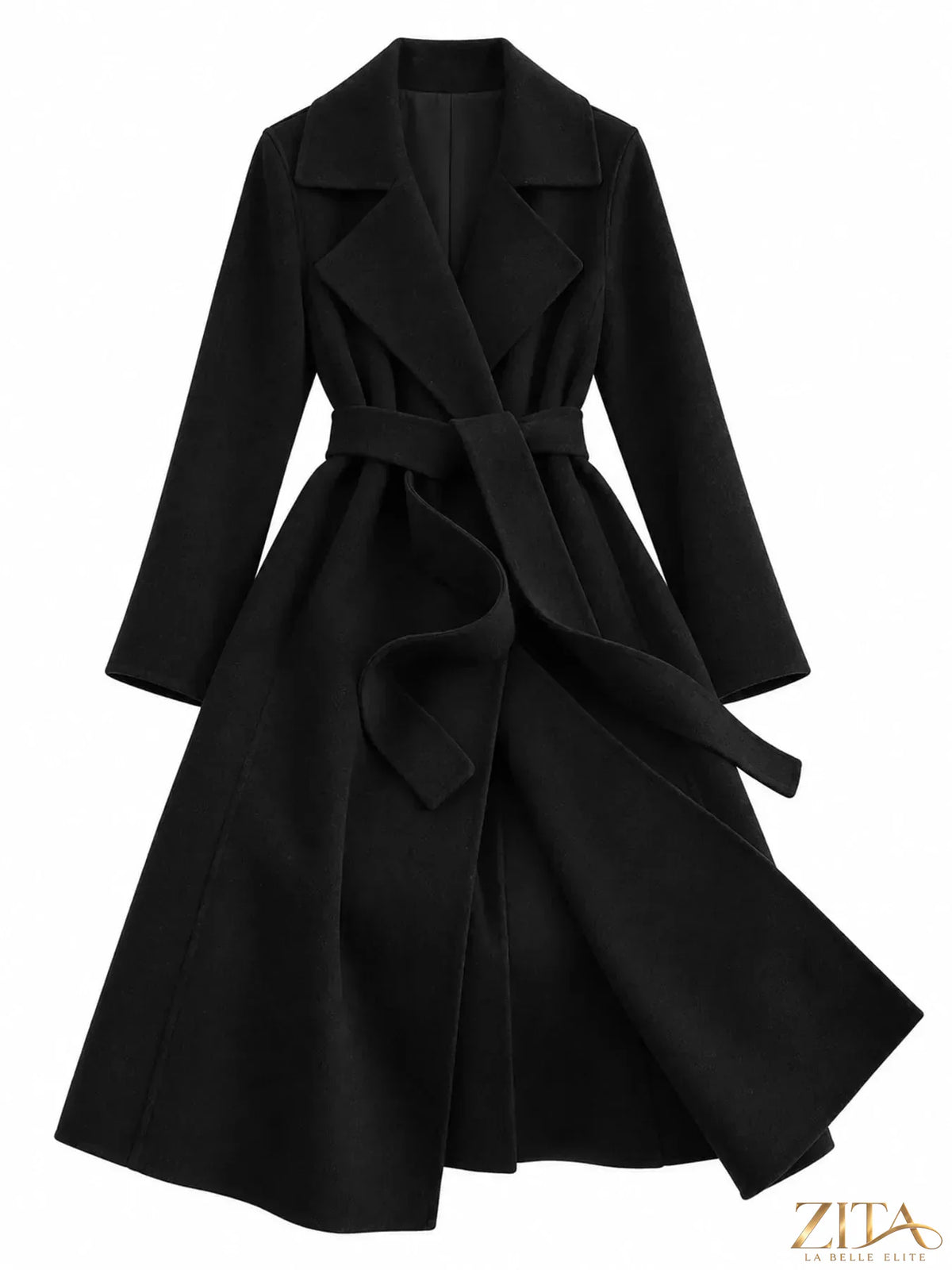 Zita La Belle Elite longline wool coat with waist-defining belt, stylish outerwear in neutral color, perfect for winter.