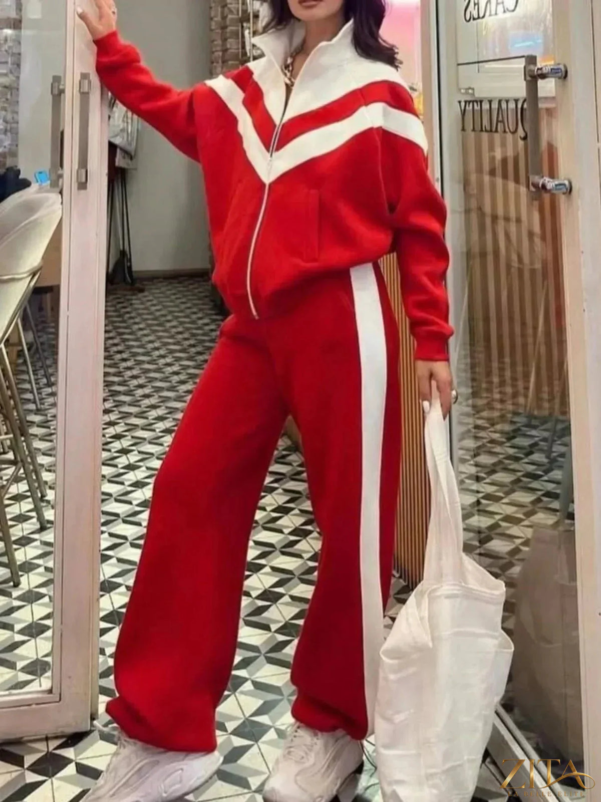 Zita La Belle Elite color block zip-up outerwear and matching pants set, stylish casual clothing for women.