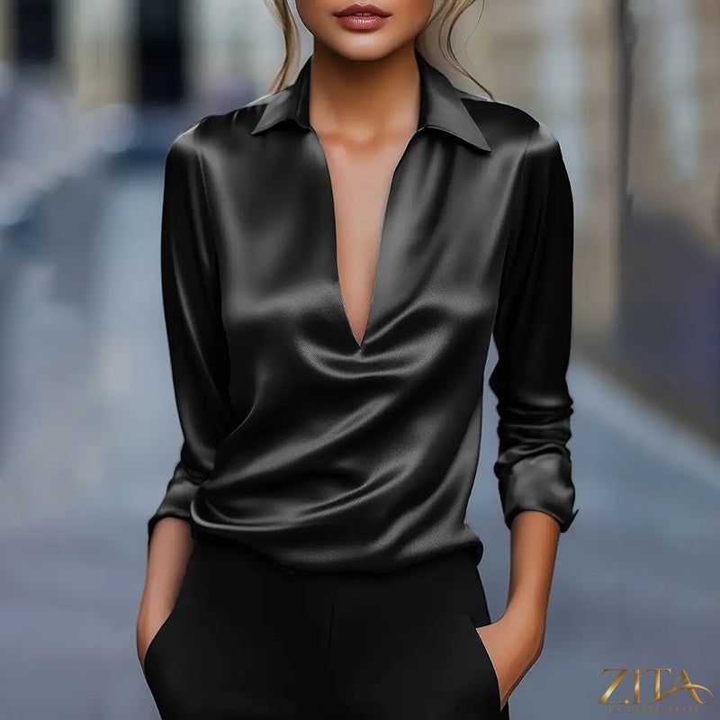 Zita La Belle Elite V-neck long sleeve satin blouse in casualwear style, featuring a smooth, shiny fabric and relaxed fit.