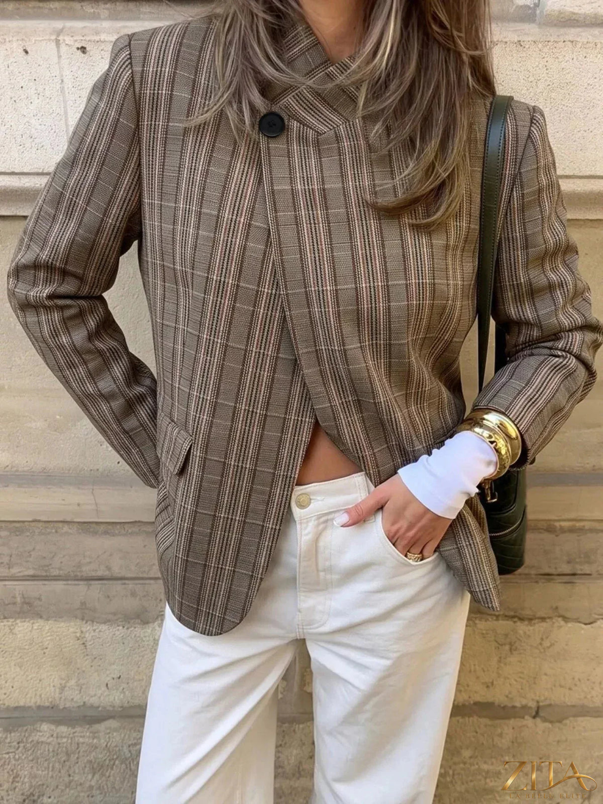 Zita La Belle Elite plaid single-button blazer with tailored fit, featuring classic checkered pattern and lapel collar.