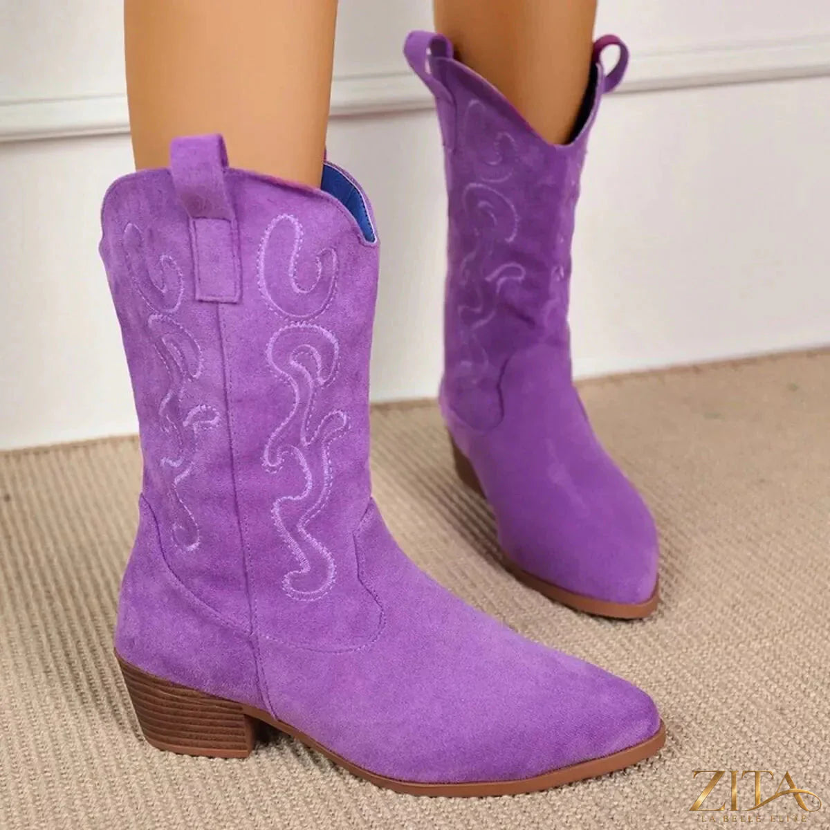 Zita La Belle Elite point toe block heel boots in black leather with sleek silhouette and sturdy block heel.