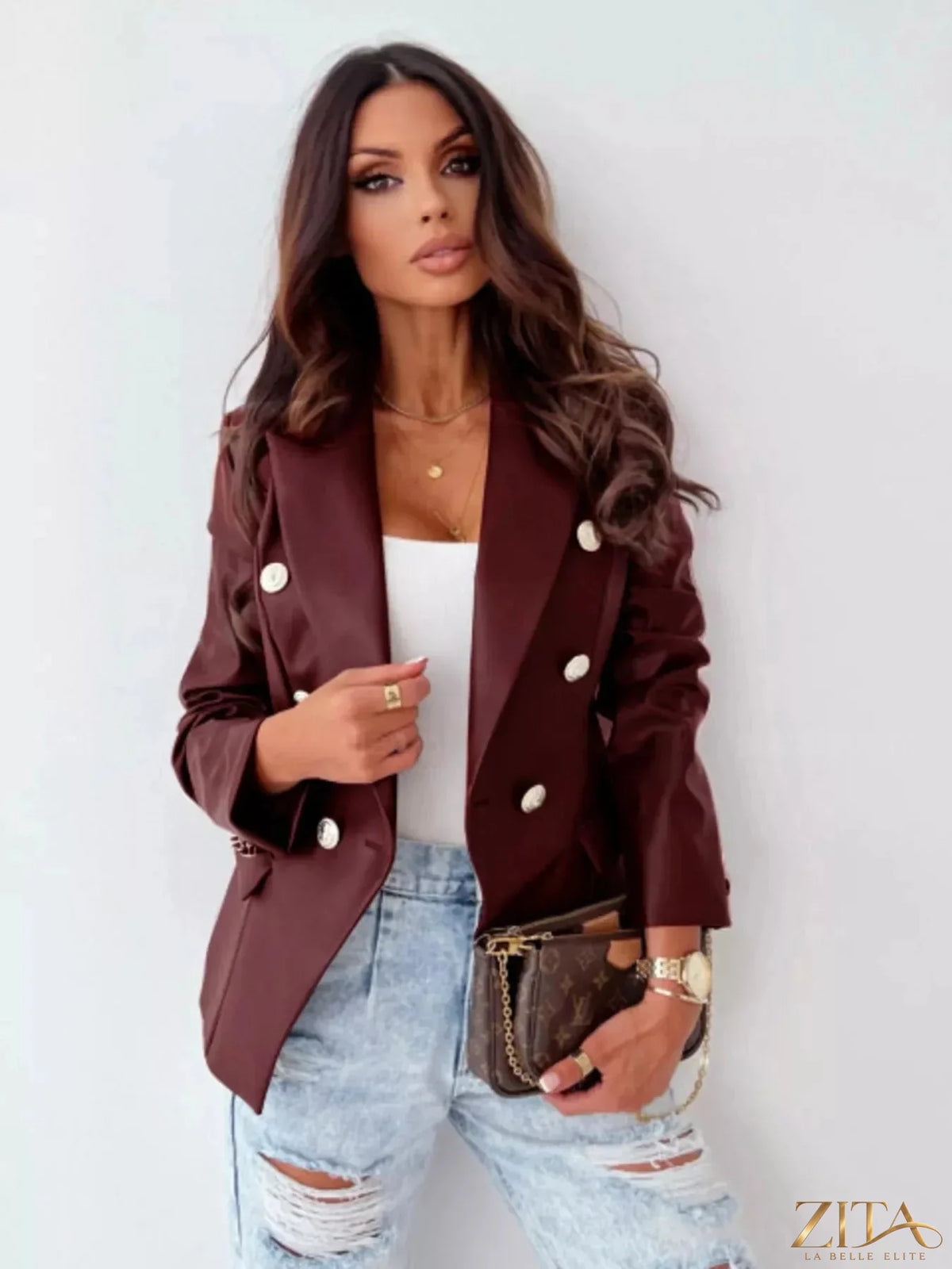 Zita La Belle Elite leather blazer with lapel collar, tailored fit, featuring sleek black leather and stylish design.