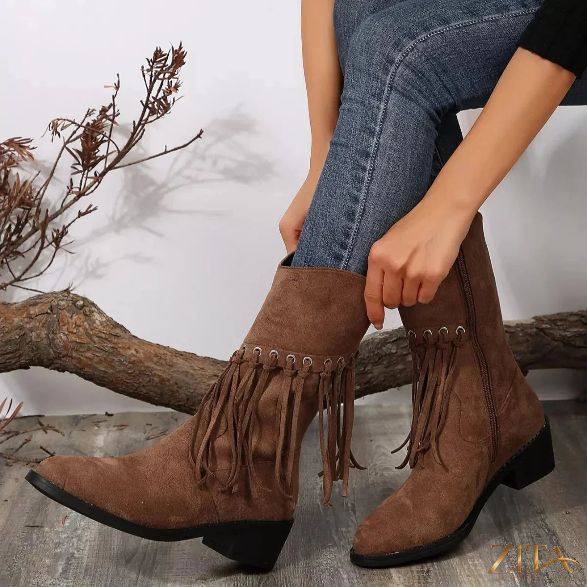 Zita La Belle Elite fringe Western block heel boots with leather finish and decorative fringe detailing.